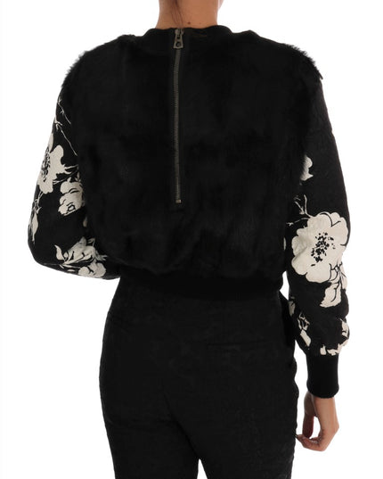 Dolce & Gabbana Black Fur Floral Brocade Zipper Sweater