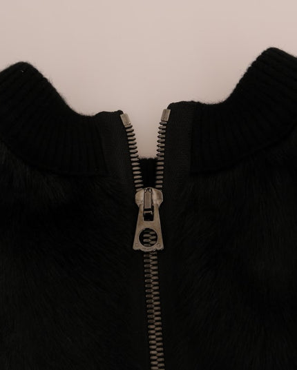 Dolce & Gabbana Black Fur Floral Brocade Zipper Sweater