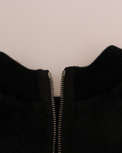 Dolce & Gabbana Black Fur Floral Brocade Zipper Sweater