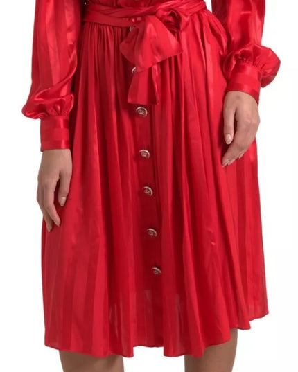 Dolce & Gabbana Red Button Down Belted Midi Satin Silk Dress