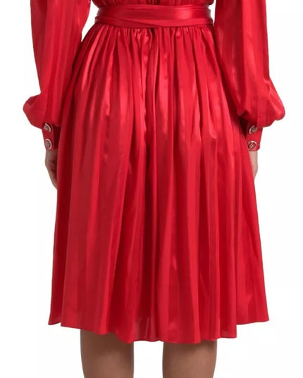 Dolce & Gabbana Red Button Down Belted Midi Satin Silk Dress
