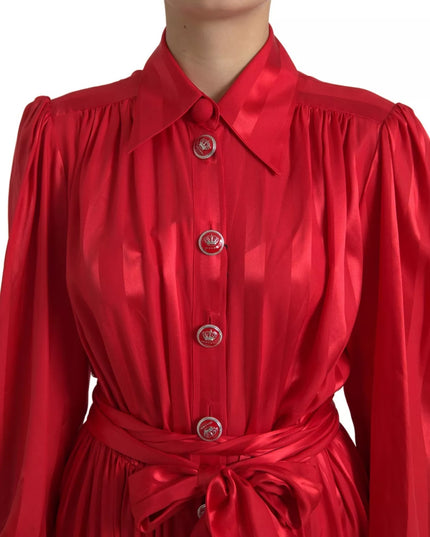Dolce & Gabbana Red Button Down Belted Midi Satin Silk Dress