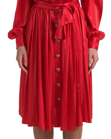 Dolce & Gabbana Red Button Down Belted Midi Satin Silk Dress