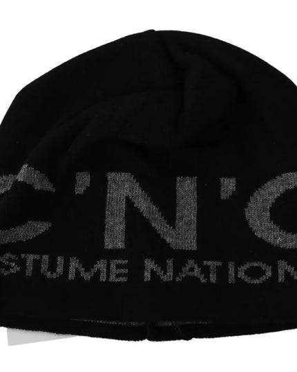 Costume National Black Wool Blend Branded Beanie Hat