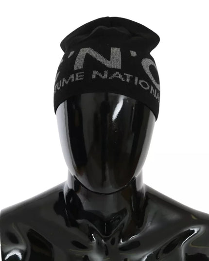 Costume National Black Wool Blend Branded Beanie Hat