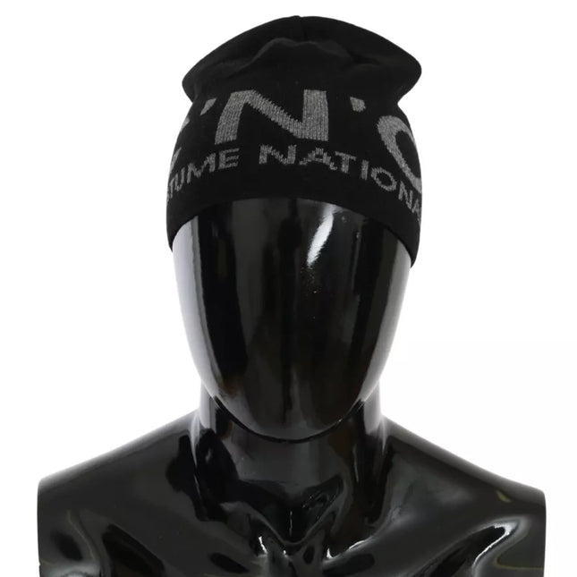Costume National Black Wool Blend Branded Beanie Hat