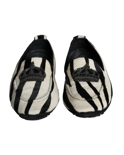Dolce & Gabbana Black White Calf Fur Slip On Loafers Men Shoes