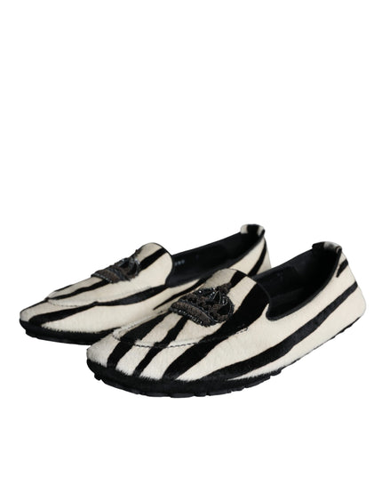 Dolce & Gabbana Black White Calf Fur Slip On Loafers Men Shoes