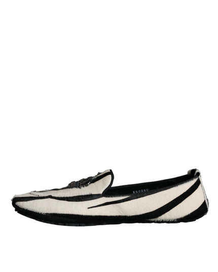 Dolce & Gabbana Black White Calf Fur Slip On Loafers Men Shoes