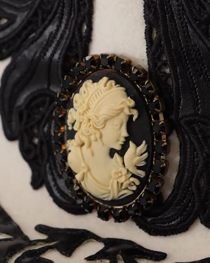 Dolce & Gabbana White Black Wool Embroidered Cameo Brooch Hat