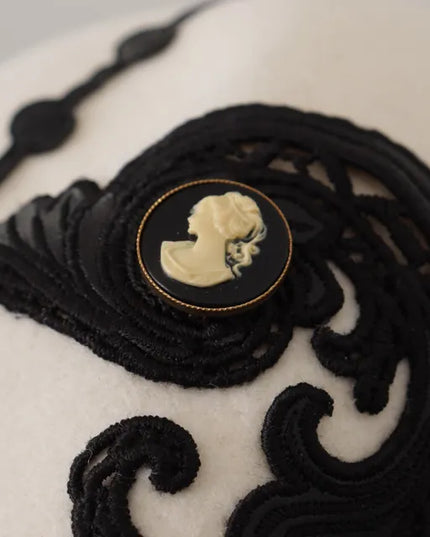Dolce & Gabbana White Black Wool Embroidered Cameo Brooch Hat