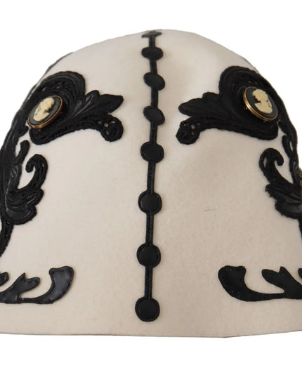 Dolce & Gabbana White Black Wool Embroidered Cameo Brooch Hat