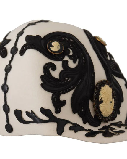 Dolce & Gabbana White Black Wool Embroidered Cameo Brooch Hat