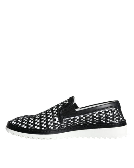 Dolce & Gabbana Black White Weaved Slip On Men Loafers Shoes