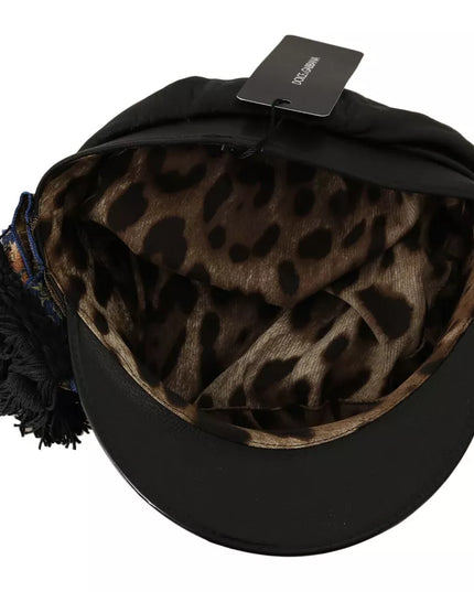 Dolce & Gabbana Black Leather Crystal Beads Gold Ribbon Fiddler Cap