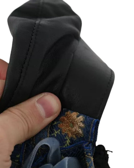 Dolce & Gabbana Black Leather Crystal Beads Gold Ribbon Fiddler Cap