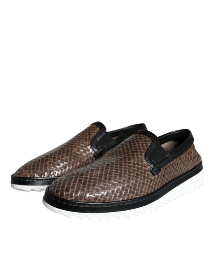 Dolce & Gabbana Brown Black Leather Weaved Men Loafers Shoes