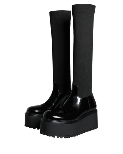 Dolce & Gabbana Black Leather Jersey Knee High Boots Shoes
