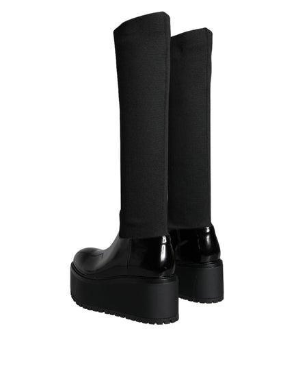 Dolce & Gabbana Black Leather Jersey Knee High Boots Shoes