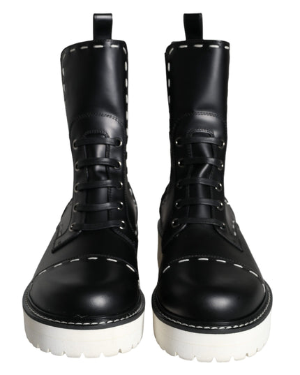 Dolce & Gabbana Black Leather Combat Mid Calf Boots Shoes