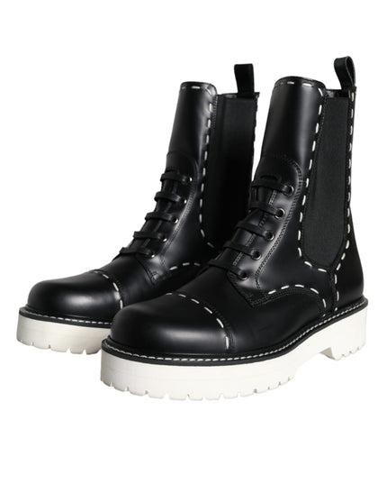 Dolce & Gabbana Black Leather Combat Mid Calf Boots Shoes