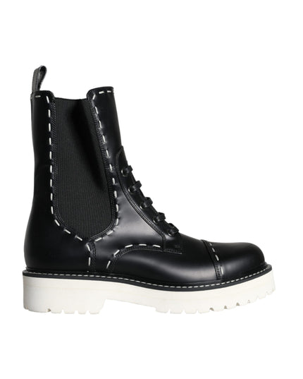 Dolce & Gabbana Black Leather Combat Mid Calf Boots Shoes