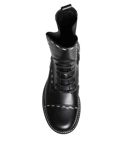 Dolce & Gabbana Black Leather Combat Mid Calf Boots Shoes