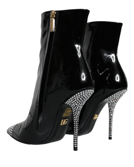 Dolce & Gabbana Black Patent Leather Crystal Heel Boots Shoes