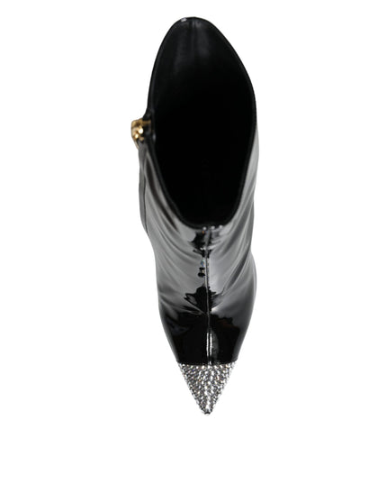 Dolce & Gabbana Black Patent Leather Crystal Heel Boots Shoes