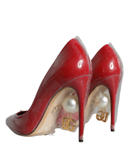 Dolce & Gabbana Red Patent Leather Faux Pearl Heels Pumps Shoes