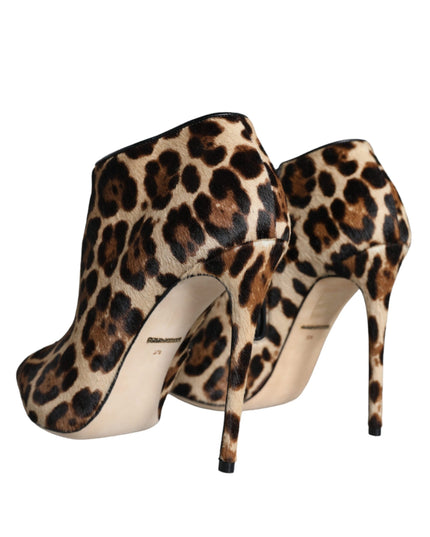 Dolce & Gabbana Brown Leopard Calf Fur Heels Ankle Boots Shoes
