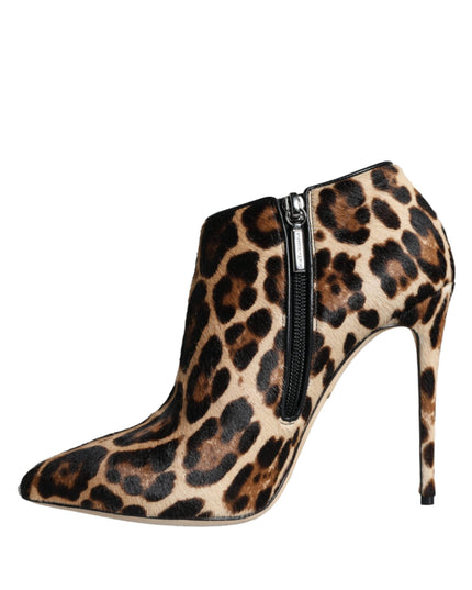 Dolce & Gabbana Brown Leopard Calf Fur Heels Ankle Boots Shoes