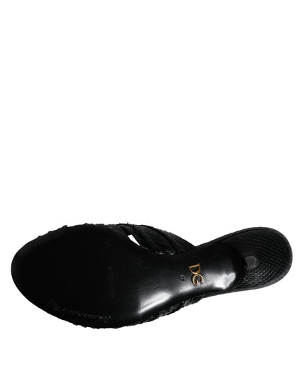 Dolce & Gabbana Black Leather Heels Slides Sandals Shoes