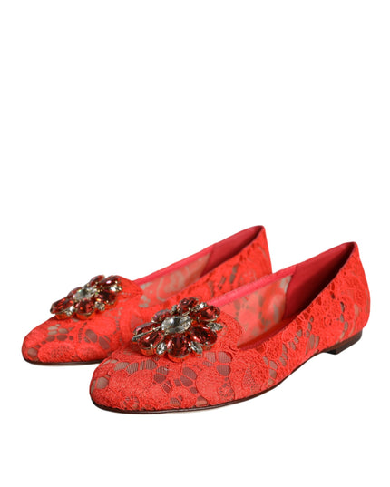 Dolce & Gabbana Coral Lace Crystal Ballet Flats Loafers Shoes