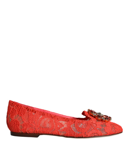 Dolce & Gabbana Coral Lace Crystal Ballet Flats Loafers Shoes