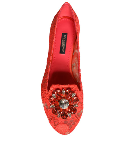 Dolce & Gabbana Coral Lace Crystal Ballet Flats Loafers Shoes