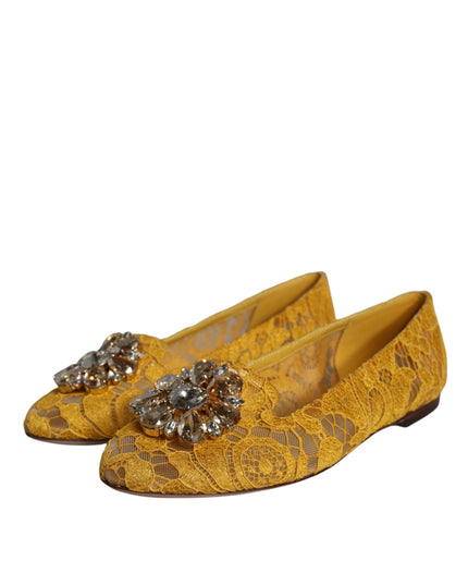 Dolce & Gabbana Mustard Lace Crystal Ballet Flats Loafer Shoes