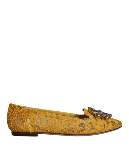 Dolce & Gabbana Mustard Lace Crystal Ballet Flats Loafer Shoes