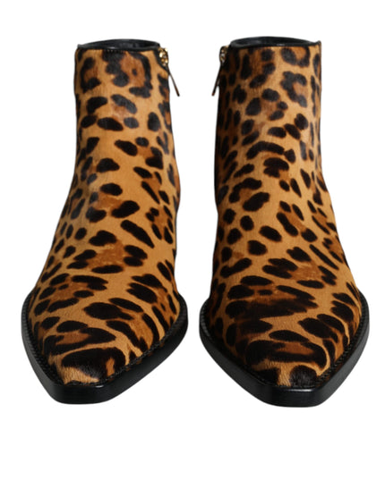 Dolce & Gabbana Brown Leopard Calf Fur Ankle Boots Shoes