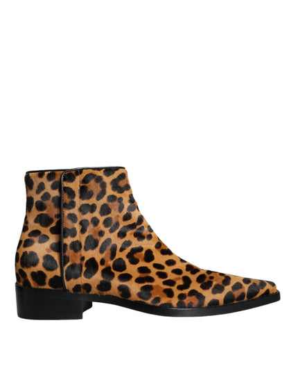 Dolce & Gabbana Brown Leopard Calf Fur Ankle Boots Shoes