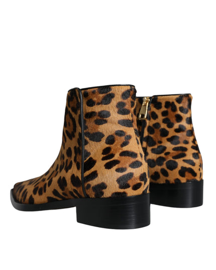 Dolce & Gabbana Brown Leopard Calf Fur Ankle Boots Shoes