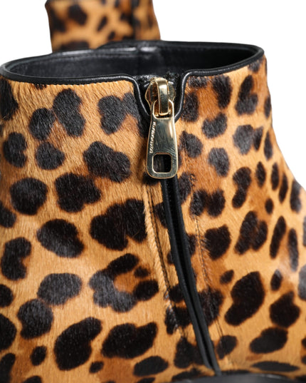 Dolce & Gabbana Brown Leopard Calf Fur Ankle Boots Shoes