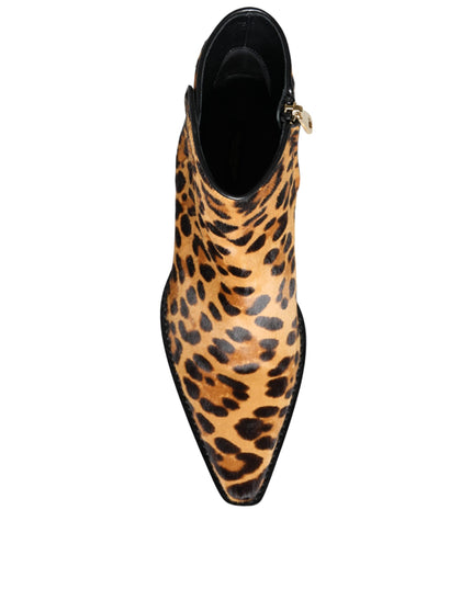 Dolce & Gabbana Brown Leopard Calf Fur Ankle Boots Shoes
