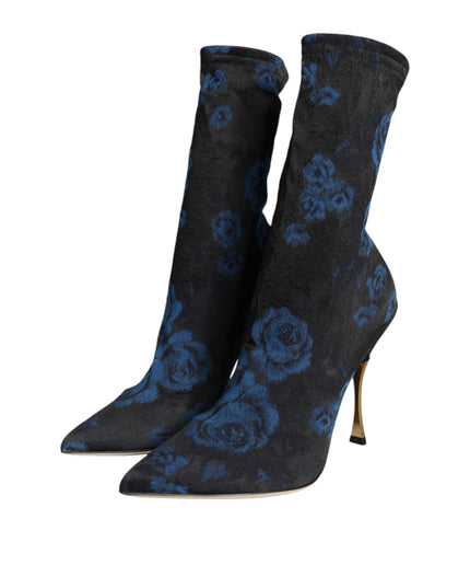 Dolce & Gabbana Black Floral Stretch Mid Calf Boots Shoes