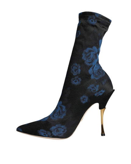 Dolce & Gabbana Black Floral Stretch Mid Calf Boots Shoes