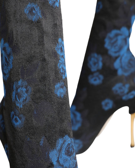Dolce & Gabbana Black Floral Stretch Mid Calf Boots Shoes