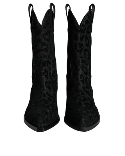 Dolce & Gabbana Black Gray Leopard Cowboy Boots Shoes