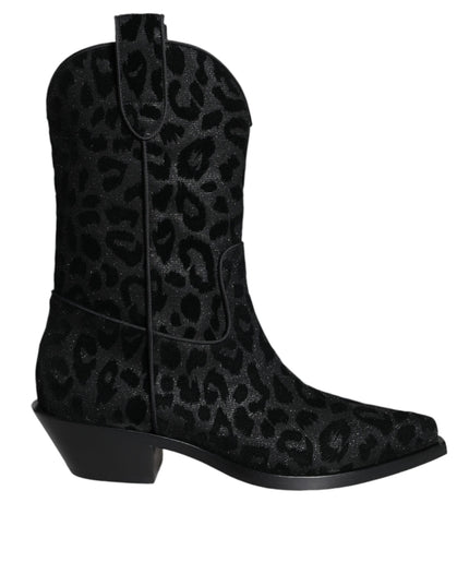 Dolce & Gabbana Black Gray Leopard Cowboy Boots Shoes