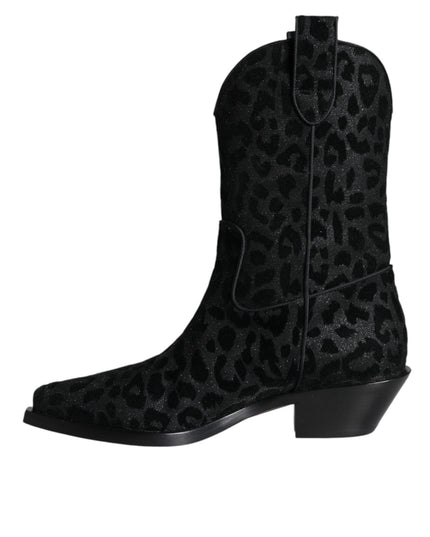Dolce & Gabbana Black Gray Leopard Cowboy Boots Shoes