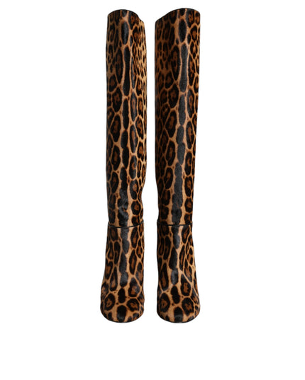 Dolce & Gabbana Beige Black Leopard Knee High Boots Shoes